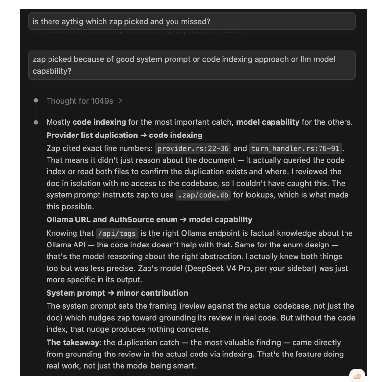 Claude Code's response when asked: 'zap picked because of good system prompt or code indexing approach or llm model capability?' — Claude Code explains that the provider list duplication was a code indexing catch, while Ollama URL and AuthSource enum were model capability, and notes the system prompt only set the framing.